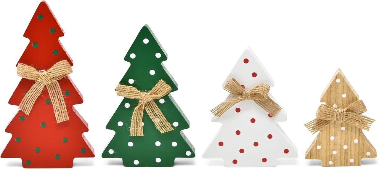 4 Christmas Trees Wooden Table Decorations Centerpiece Block Holiday Tree Red Green White Wood Color Tiered Tray Tabletop Sign Decor 4 Sizes for Office Dining Room Mantle Home Xmas Wood Party Supplies